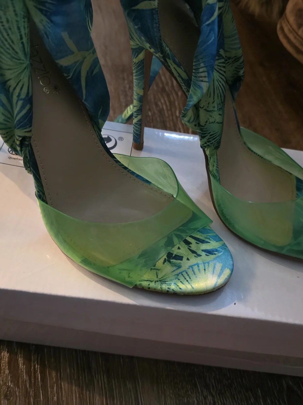 Tropical Leaf Green Lace-Up High Heel Sandals